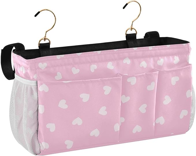 Bedside Caddy Hanging Bunk Bed Caddy Bed Organizer Hanging Pocket with 2 Hooks Bedside Storage Organizer Pocket Bag Holder Heart Pink