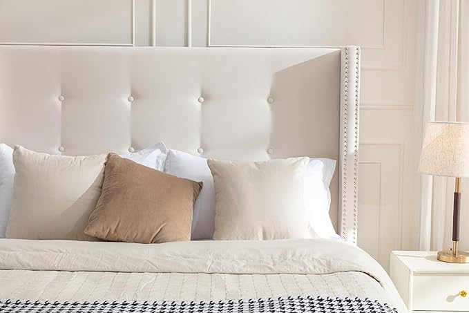 King Size Upholstered Bed Frame, 54" Tall Headboard Platform Bedframes with Nail Head Decorative Wingback, Hand Buttoned Tufting Headboard Beds/No Box Spring Needed/Minimalism, Ivory Velvet