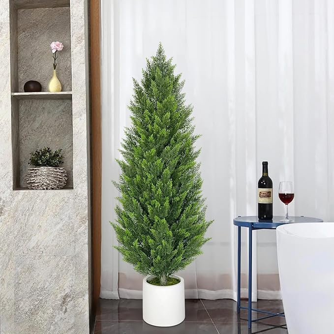 Briful 2PCS 5ft Artificial Cedar Topiary Trees in White Planter – Tall Faux Evergreen Potted Plants, Indoor Outdoor Fake Shrubs, Lifelike Fake Trees for Home, Office, Patio, Porch, Entryway