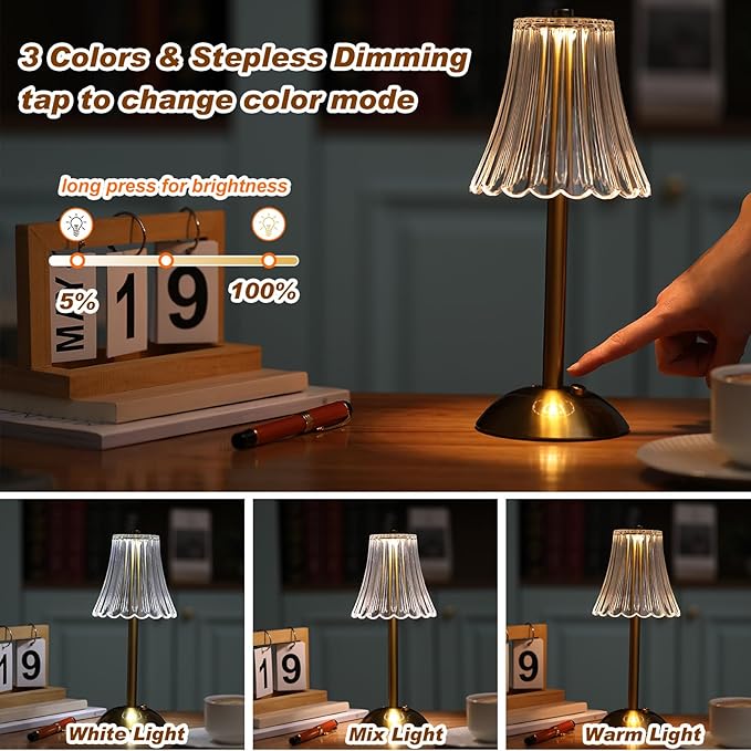 Liliful 4 Pcs Cordless Table Lamp Rechargeable Touch LED Small Gold Portable Battery Operated USB-c Desk Lamp 3 Color Dimmable for Bedroom Living Room Dining (Gold,Rose Style)