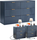 LEYAOYAO 48" Wide Fluted Dresser and 3 Drawers 23" Nightstand Set of 2, Wooden Dresser & Night Stand with Charging Station, 3 Piece Bedroom Furniture Set, Chest of Drawer for Living Room,Blue