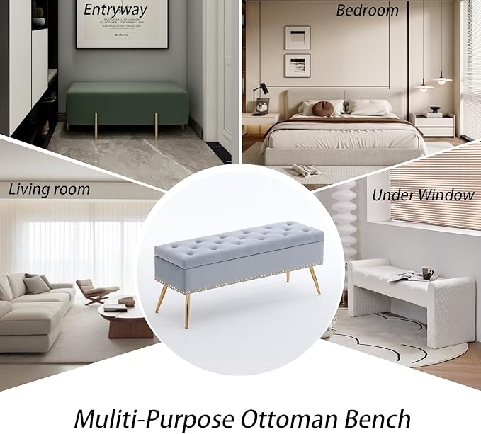 Velvet Storage Bench with Gold Legs& Nailhead Trim, 46" Wide Upholstered Modern Bedroom Bench for End of Bed, Tufted Ottoman for Entryway Living Room Dining Room (Gray, 46" Wide)