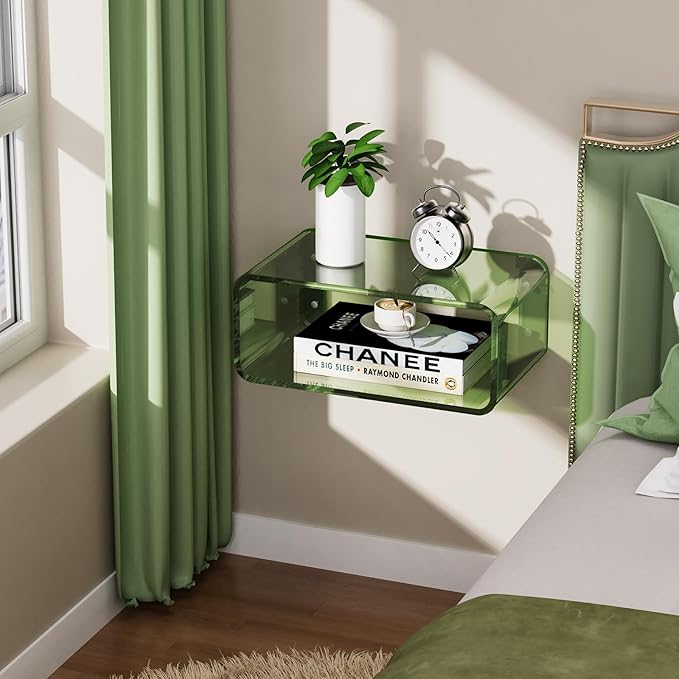 Acrylic Floating Nightstand, Bedside Table, Nightstand Shelf Wall Mounted Bedside Shelf (Green, Small)