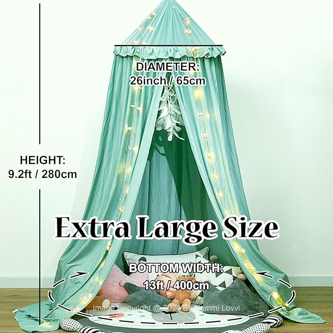 Bed Canopy for Girls, Dreamy Frills Ceiling Hanging Princess Canopy Bedroom Decoration Soft Canopy Net Reading Nook, Extra Large Full Queen Size Bed Canopies - Green