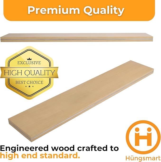 HÜNGSMART 60 Inch Wooden Floating Shelf – Supports 300lbs - Engineered Wood - 5 Foot Long – Oak Finish with Stainless Steel Insert– Includes Laser Welded Precision Wall Bracket (60 x 11 13/16 inches)