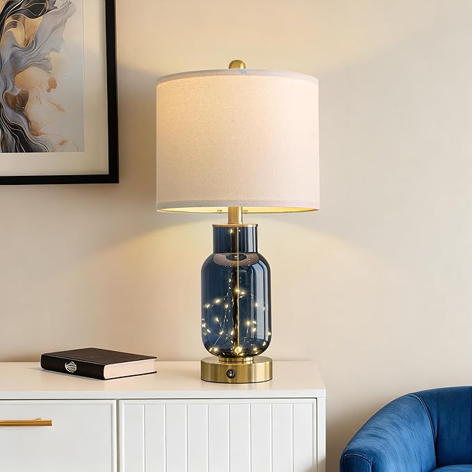 Oneach 22" Glass Table Lamps Set of 2, Blue Modern Bedside Lamp with LED Night Light for Living Room, Nightstand Lamp with USB Ports for Bedrooms, Study Room, End Table(2 Bulbs Included)