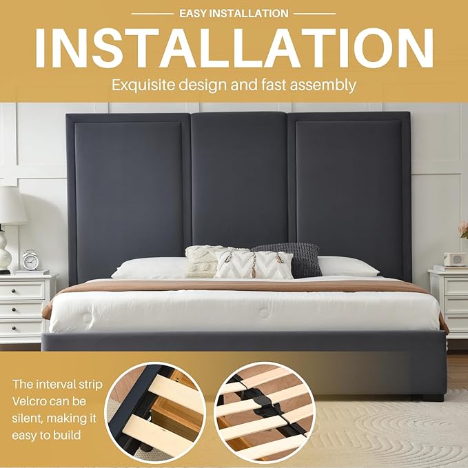 YUHUASHI King Size Bed Frame with 64-inch High Headboard, Simple and Airy Linen Upholstered Platform Bed with Storage Drawers, Wood Slat, No Noise (Grey, King (U.S. Standard))