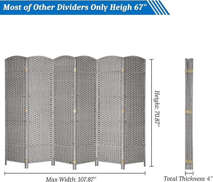 VINGLI 6-Panels Tall Rattan Room Divider, 6 FT Folding Privacy Screen, Indoor Partition Wall Dividers, Freestanding Hinged Space Separator (Grey)