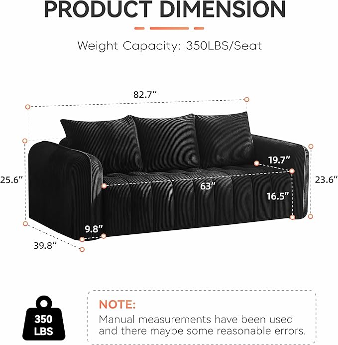 83'' Boneless Corduroy Sofa, Oversized 3 Seater Deep Seat Couch with Rounded Armrest, Modern Upholstered Cloud Sofa for Living Room, No Assembly, Black