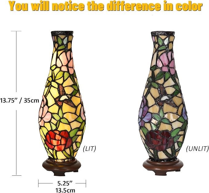 A0010 Tiffany Style Vase Table Lamp LED with 3 Lighting Modes and 10 Brightness Dimming, Handmade Stained Glass Accent Lamp for Bedside Livingroom Bedroom Home Decoration