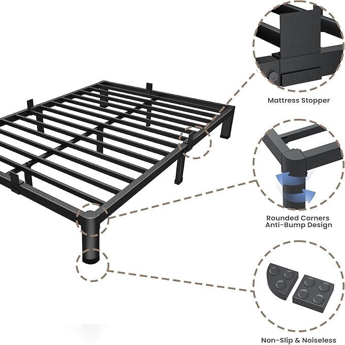 ROIL 10 Inch Queen Bed Frame with Rounded Corner Low Profile Metal Platform 3500LBS Heavy Duty Steel Slats No Box Spring Needed Noise-Free Easy Assembly
