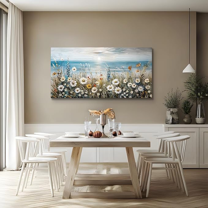 SERIMINO Large Wall Art for Living Room, Coastal Landscape Wall Decor, Beach Daisy Canvas Prints Farmhouse Decor, Wildflowers Bathroom Pictures Home Decor Aesthetic, Dining Room Kitchen Artwork 29"X57"