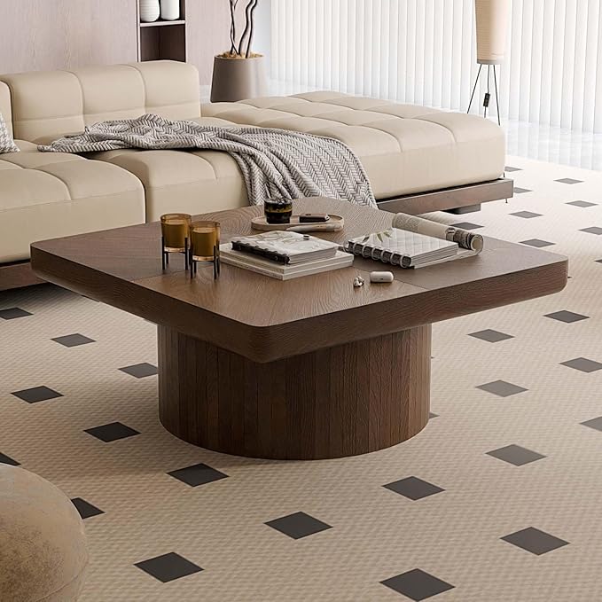 Modern Square Coffee Table with Cylindrical Base, Wood Coffee Table with Parquet Pattern & Thickened Tabletop, Center Table Tea Table for Living Room Apartment, 34.6''L×34.6''W×14.9''H, Walnut
