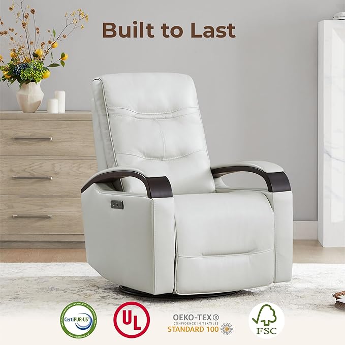 CHITA Genuine Leather Power Swivel Glider Rocker Recliner, FSC Certified Mid Century Modern Recliner Chair for Adults, Adjustable Power Headrest, for Nursery and Living Room, Creamy Grey