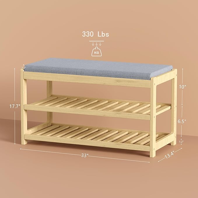 Shoe Bench Entryway, 100% Solid Solid Wood Shoe Rack Bench with Storage and Cushion Padded Seat, 3-Tier Shoe Organizer for Hallway Living Room, Mudrooms, Natural