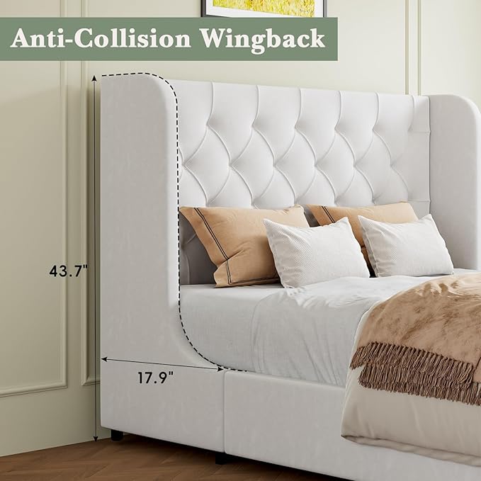 HOMBCK White Queen Bed Frame, Velvet Upholstered Platform Bed Frame with Headboard, Curved Wingback Design, Wooden Slats, No Box Spring, Noise Free, Easy Assembly