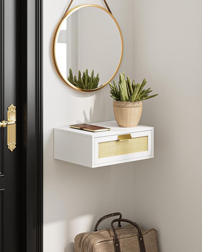 Floating Nightstand, Floating Shelf with Drawer, Wall Mounted Nightstand, Floating Bedside Table (White Rattan)