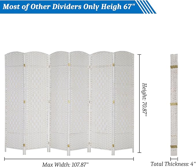 VINGLI 6-Panels Tall Rattan Room Divider, 6 FT Folding Privacy Screen, Indoor Partition Wall Dividers, Freestanding Hinged Space Separator (White)