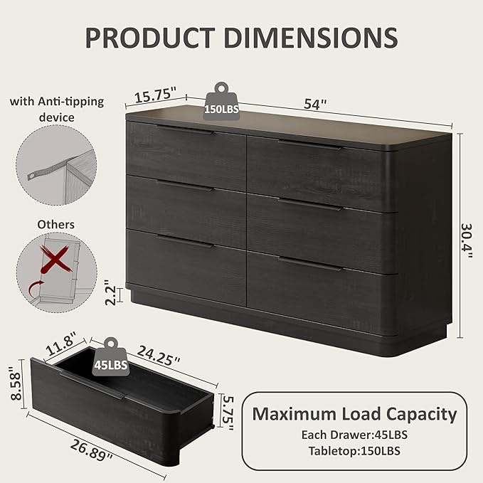 6 Drawer Dresser for Bedroom, 54" Wide Modern Chest of Drawers with Metal Handle, Curved Profile Design, Wooden Black Dresser Closet Clothes Storage TV Stand for Living Room, Hallway