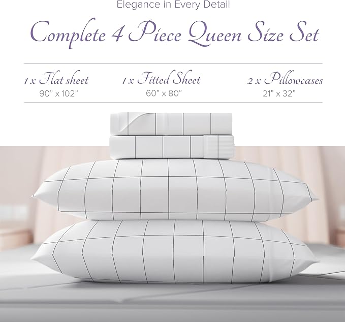 Carressa Linen Luxury Egyptian Cotton Queen Printed Sheet Set - 600 Thread Count Extra Long Staple 4 PC Set, Window Pane Queen Printed Sheets, Soft, Cooling Sateen Weave Sheets Upto 18 in Deep Pocket
