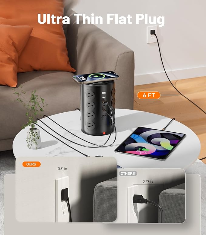 Power Strip Tower Surge Protector, TenTrend 16 Outlets and 5 USB Ports (2 USB-C), 2000 Joules Charging Station, 6FT Flat Plug Extension Cord for Home Office Dorm Room Essentials, Black