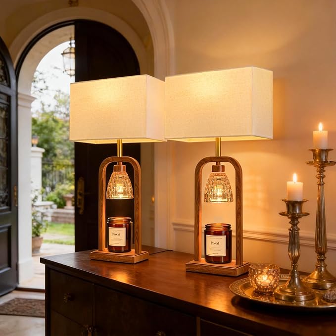 PoKat Farmhouse Table Lamps with Candle Warmer & Timer for Bedroom, Wood-Like Bedside Lamps Set of 2 for Night Stands, 21.5'' Bedroom Lamps Decor for Living Room, Corded Eletric, No Battery