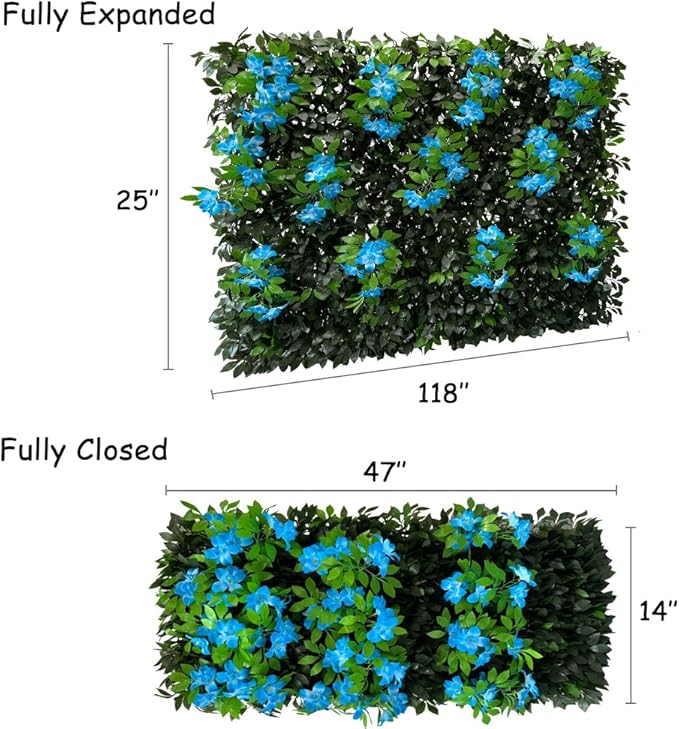 Sumery Expandable Fence Privacy Screen for Balcony Patio Outdoor,Decorative Faux Ivy Fencing Panel,Artificial Hedges (Single Sided Leaves) (2, Branches -Blue Fowers)