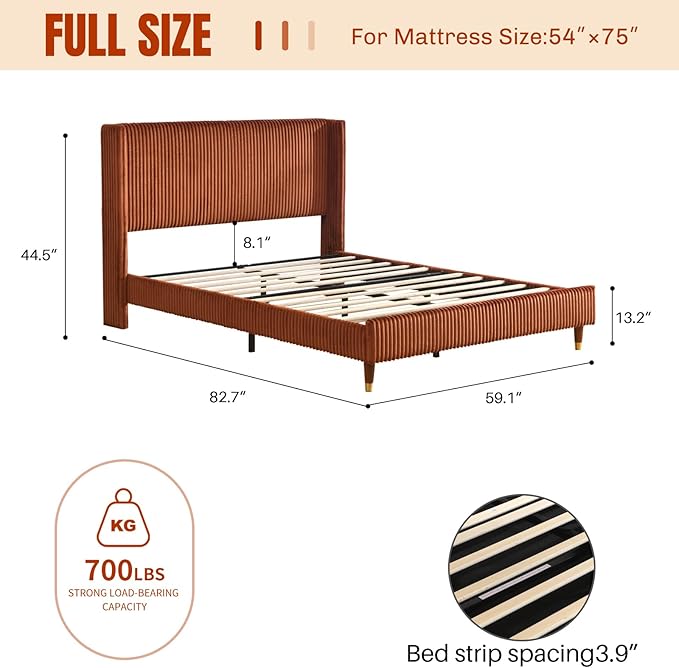 PINJU Full Size Bed Frame, Upholstered Platform Bed with Modern Vertical Striped Wingback Headboard with Wooden Slats, Easy to Assemble No Noise Free (OCHER, Full)