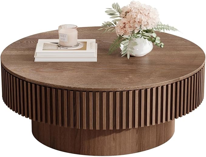 LKTART Round Coffee Table for Living Room, Accent Fluted Drum Coffee Table with Storage, Modern Solid Wood Veneered Circle Center Tea Table for Small Space Apartment (39.4''D×14''H-Walnut)
