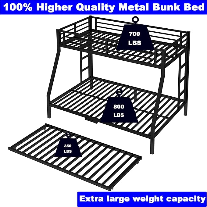Upgraded Version Thicken Stronger Metal Heavy-Duty Twin Over Full Bunk Bed with Twin Size Trundle, Bunk Bed for Adults with Ladders, Easy Assemble (Twin/Full)