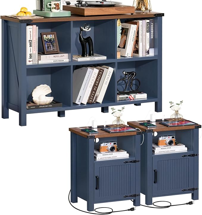 Joaxswe Night Stand Set of 2, 18 Inch Farmhouse Nightstand with with Charging Station and USB Port, Rustic Couch End Table with Magnetic Door, Wood Bed Side Tables for Bedroom, Home, Navy Blue