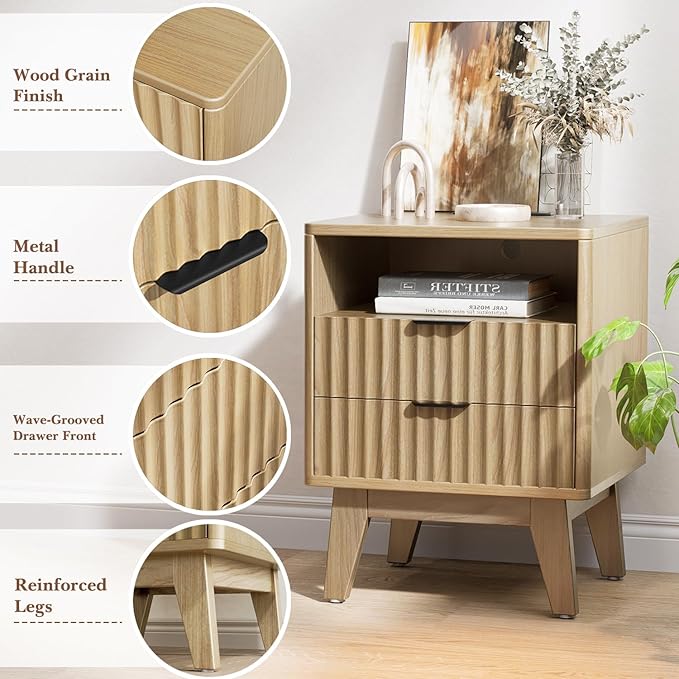 Nightstand with Charging Station, Modern Fluted 2 Drawer End Table with Storage Shelf, Natural Oak Bedside Table for Bedroom & Office