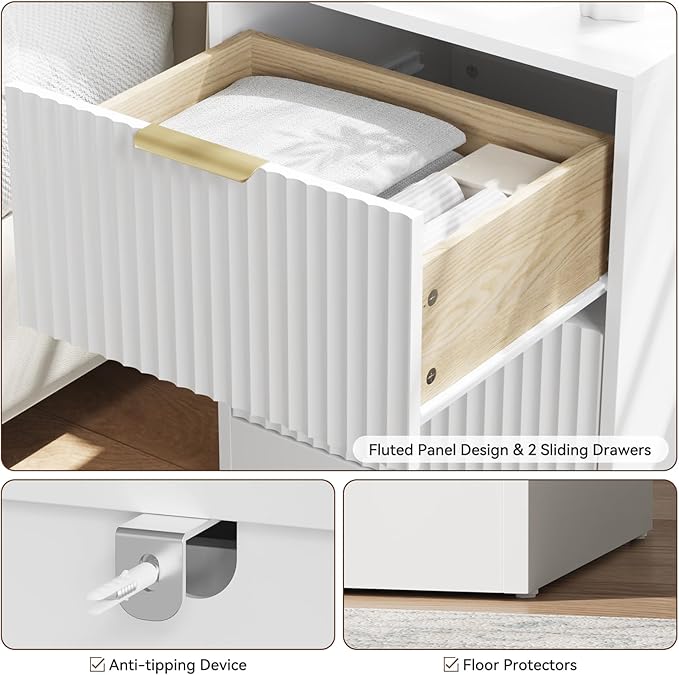 7 Drawer Dresser & Nightstand Set 3-Piece, 55” Wide Bedroom Dresser Set Night Stand Set of 2 with Metal Handle, Fluted Modern Wood Chest of Drawers Storage Dressers Set for Bedroom, White