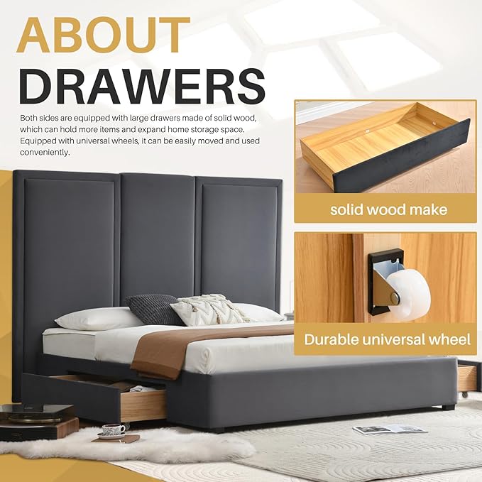 YUHUASHI King Size Bed Frame with 64-inch High Headboard, Simple and Airy Linen Upholstered Platform Bed with Storage Drawers, Wood Slat, No Noise (Grey, King (U.S. Standard))