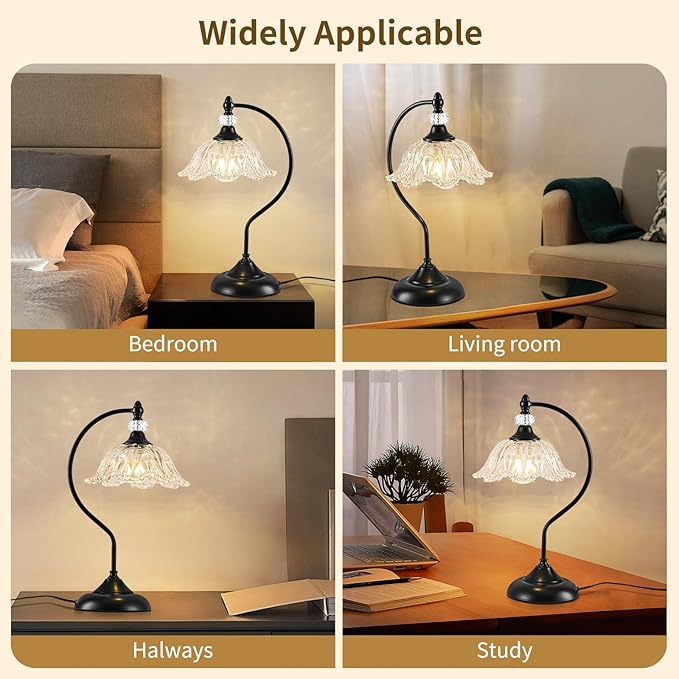 Table Lamp for Bedroom,Crystal Glass Beside Lamp,Plug in Dimmable Black Lamp Flower Nightstand Lamp for Living Room, Office, Desk, Home Decor