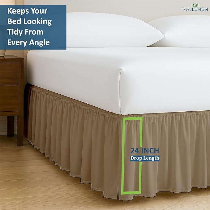 Rajlinen Ruffled Bed Skirt Full XL, 24 Inch Drop Dust Ruffle with Split Corners, 100% Microfiber Bedskirt with Platform, Three-Sided Coverage Ruffled Gathering Design, Taupe