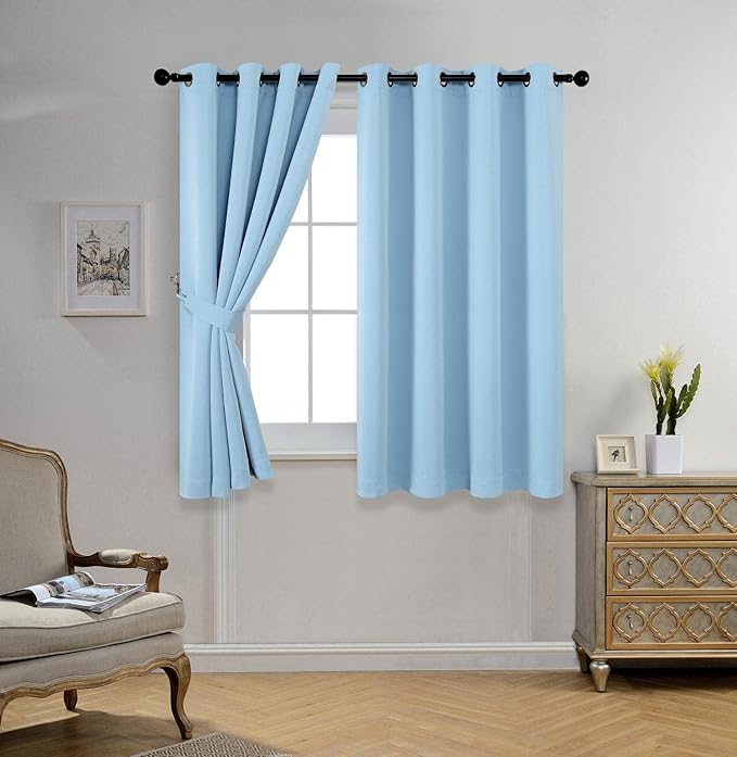 MIUCO 1 Pair Thermal Insulated Grommet 52-Inch-by-63-Inch Blackout Window Curtain Panels with 2 Tie Backs, Sky Blue