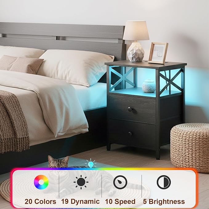 AMHANCIBLE Nightstand with Fast Charging Station, End Table Living Room with USB Charger, Power Outlet, Bed Side Table with Fabric Drawers for Bedroom HET052LBK1