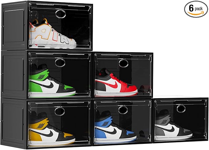 KEFA XL Shoe Storage Box Organizer, 6 Pack Shoe Boxes Clear Plastic Stackable, Sneaker Display Case Container Fit for US 13 (Side 6 PACK BLACK)