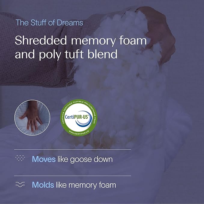 DreamyBlue Moon Pillow • Adjustable Loft, Luxury Cover, Shredded Memory Foam • for Back, Side and Combination Sleepers • Neutral Alignment for All • CertiPUR-US Certified Foam (Queen)