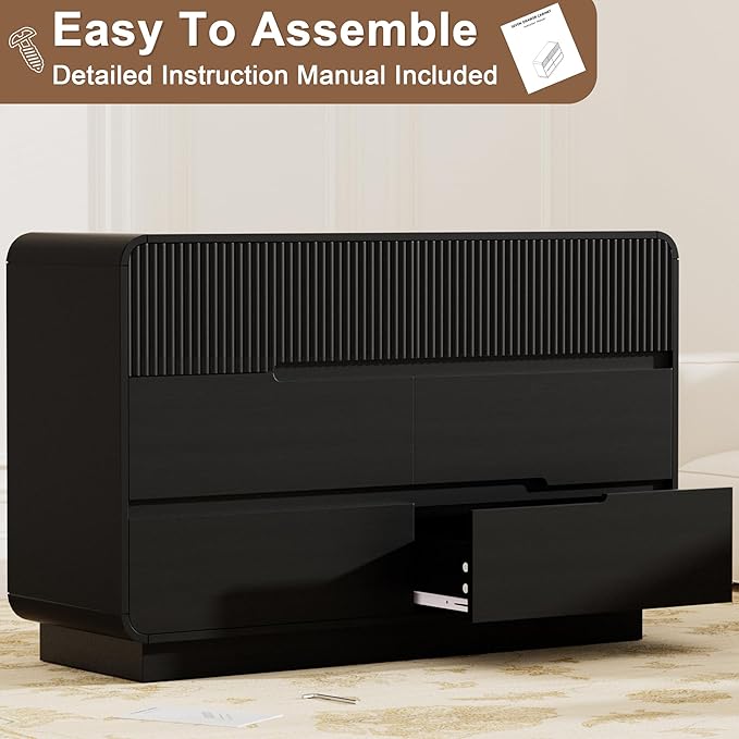 7 Drawer Dresser and 2 Nightstand Sets for Bedroom 3 Pcs Bedroom Set, Modern 47.2" Fluted Dresser with Invisible Handles Nightstand Charging Station, Bedroom Furniture Set for Living Room, Black