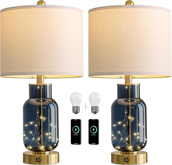 Oneach 22" Glass Table Lamps Set of 2, Blue Modern Bedside Lamp with LED Night Light for Living Room, Nightstand Lamp with USB Ports for Bedrooms, Study Room, End Table(2 Bulbs Included)