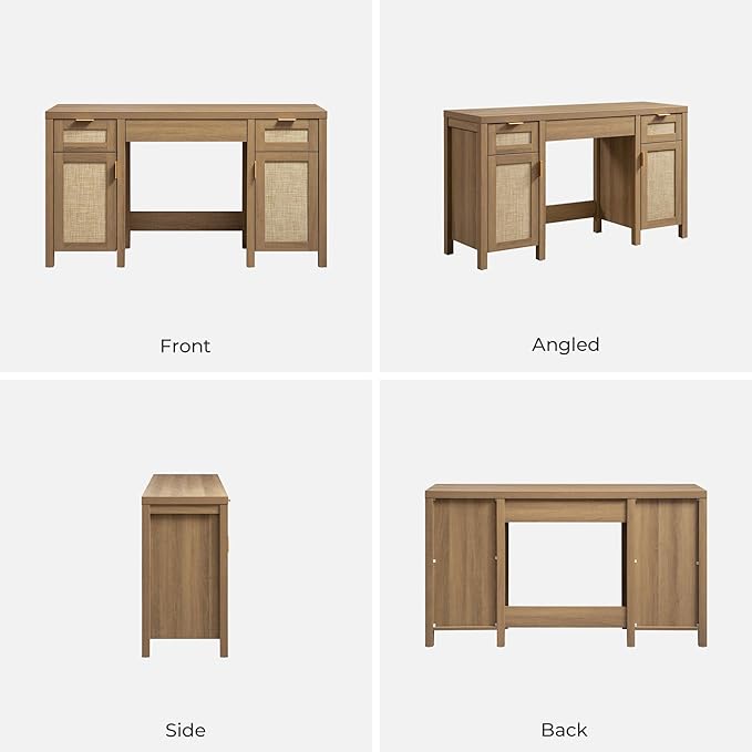 SICOTAS Rattan Vanity Home Office Desk - 52" Large Farmhouse Boho Makeup Vanity Dressing Table with 3 Drawers & 2 Storage Cabinets, Vanities Desk for Makeup Room,Bedroom, Home Office, Oak