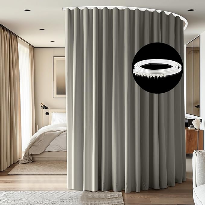 Room Divider Ceiling Mounted Curtains Track Sets Extra Wide Blackout Curtain Flexible Tracks for Bedroom Privacy Partition Separator, 1 Panel Light Grey Drape and White Rail, W10 x H8ft