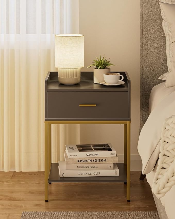 Masupu Gray Nightstand,3-Tier Modern Bedside Table Night Stand with Storage Drawer and Shelf,Small End Side Table for Bedroom,Living Room,(Without Outlet,)