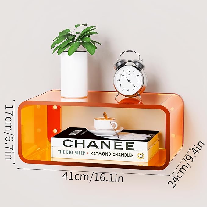 Acrylic Floating Nightstand, Bedside Table, Nightstand Shelf Wall Mounted Bedside Shelf (Orange, Small)