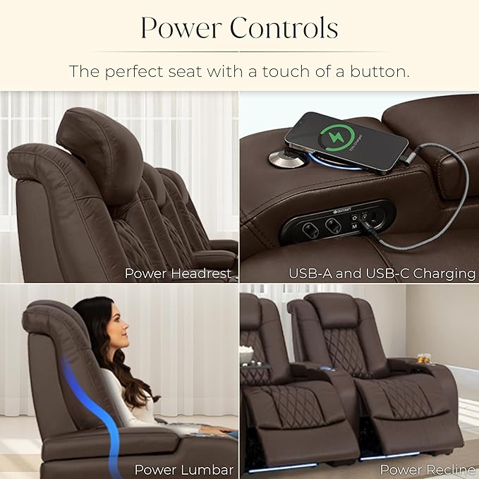 Seatcraft Diamante Zero-Gravity CoolZero Italian Leather Home Theater Seating, Power Headrest, Power Recline, Row of 2 Loveseat, Brown