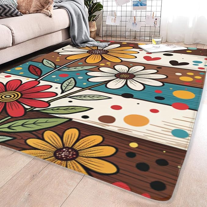 Machine Washable 2' x 3' Bohemian-Style Area Rug, Flowers Floor mat, Suitable for bedrooms, Girls' Room Bedside, Living Room, Dining Room, Office, Non-Slip Low-Pile Retro, Fashionable Carpet