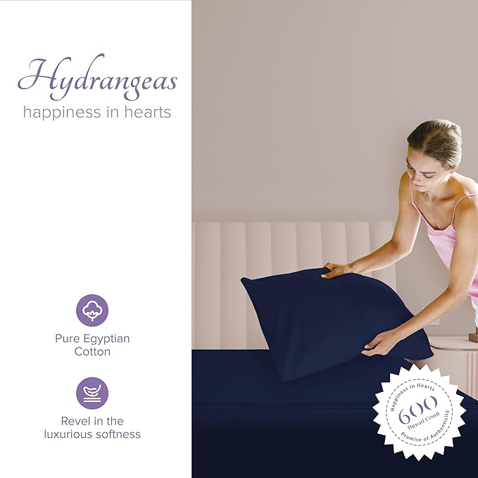 Carressa Linen 100% Egyptian Cotton Pillow Cases Queen Size Set of 2 - Luxury 600 Thread Count Navy Blue Standard/Queen Size Pillowcases, Silky Soft, Cooling Sateen Weave Hotel Quality Pillow Cover