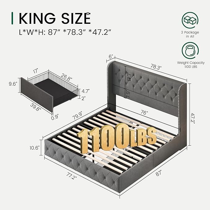 LARMACE Upholstered King Size Bed Frame with 4 Storage Drawers and Wingback Headboard Tufted Platform Bed Frame Linen Beds with Wooden Slats Support, Easy Assembly, Light Grey